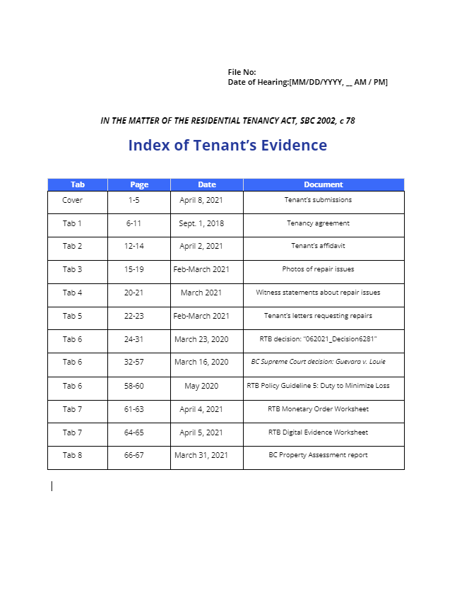 Index of Evidence Template Renting It Right